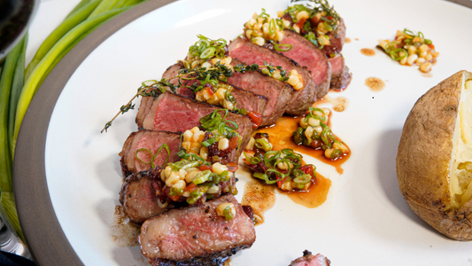 Pan-Seared NY Strip Steak with Truffle Corn Succotash