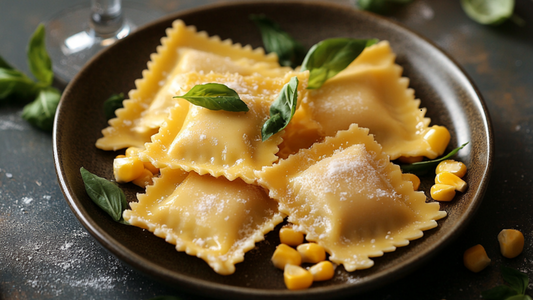 Corn Ravioli with Peach Bellinis