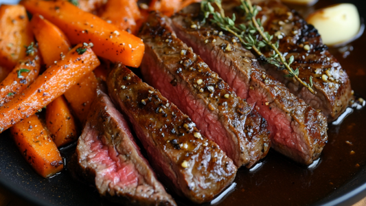 NY Strip Steak   with Truffle Honey-Glazed Roots & Demi-Glace