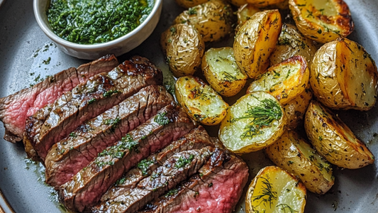 Herby Bavette Steak with Crispy Potatoes   and Green Ajika Sauce