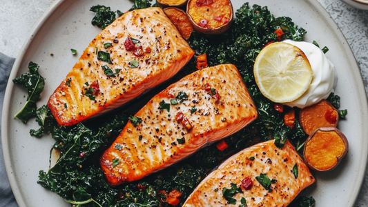 Salmon with Sautéed Garlic Kale and Roasted Sweet Potato