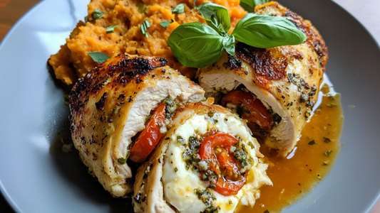 Caprese Stuffed Chicken with Sweet Potato Mash