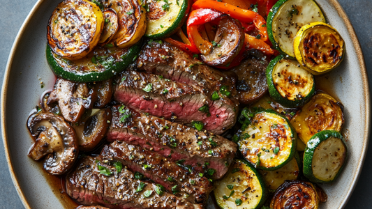 Rib-Eye Steak au Poivre with Roasted Veggies