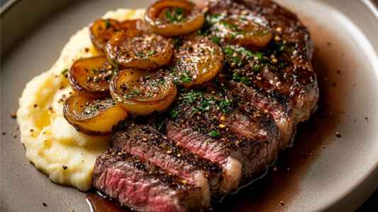 Grain Finished Ribeye Steak with Potato Puree and Cipollini Onion Marmalade