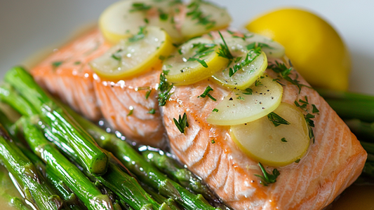 Poached Salmon with Fennel Compote and Roasted Asparagus